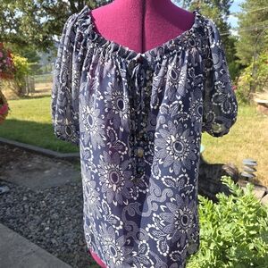 Moda International Navy Floral Blouse With Sequin And Stone Embellishments. CCCP